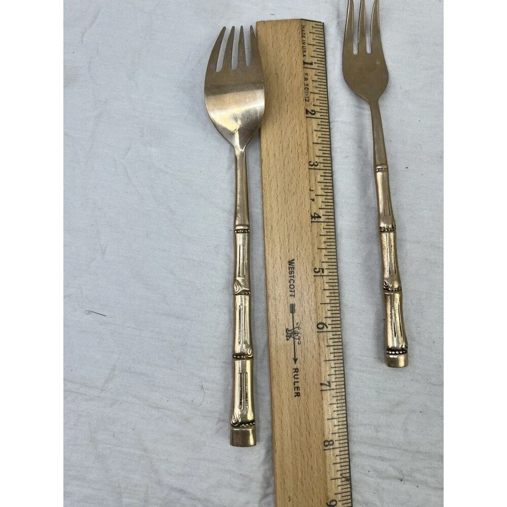 Vtg MCM Nickel Bronze Faux Bamboo Flatware 5 PCs Set Server 1 Retro‎ Decor